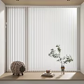 White Vertical Blinds Bright Room Window Sill With Plush Toy Books Cup And Green Plant
