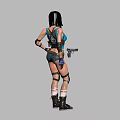 Woman In Blue Tank Top And Gray Shorts With Knee Elbow Pads And Gun
