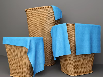 Three Woven Storage Baskets with Blue Cloth for Home Organizing and Decor 3d model