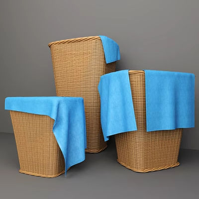 Three Woven Storage Baskets with Blue Cloth for Home Organizing and Decor 3d model