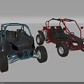 Blue And Red Off Road Buggies With Open Frame Black Seats And Large Tires