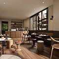 Elegant Restaurant Interior With Large Windows Wooden Floors Tables Chairs Benches And Wall Mounted Lights