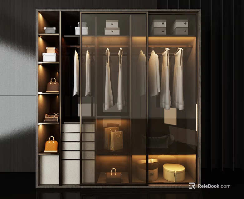Modern Wardrobe Interior Design With Glass Doors Hanging Shirts Drawers LED Lighting and Storage Compartments 3d model 