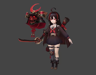 Anime Female Character Wearing Red Black Traditional Outfit Holding Samurai Helmet And Long Sword 3d model