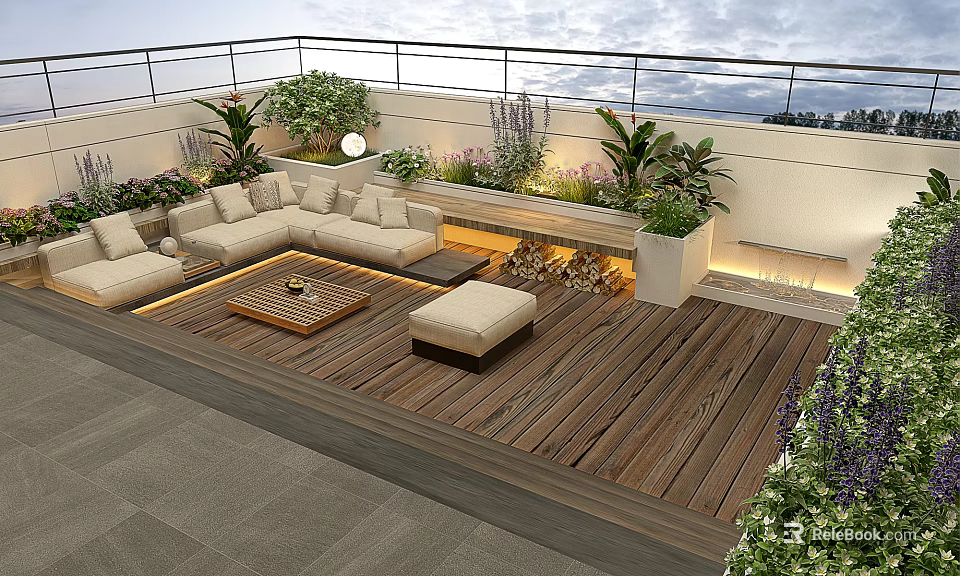 Modern Rooftop Garden With Wooden Deck Sofa Lush Plants And Ambient Lighting 3d model 
