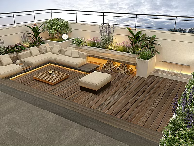 Modern Rooftop Garden With Wooden Deck Sofa Lush Plants And Ambient Lighting 3d model
