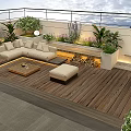 Modern Rooftop Garden With Wooden Deck Sofa Lush Plants And Ambient Lighting