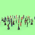 Group of people in different costumes performing with hats on green background