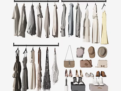 Fashionable Clothes Hanging On Racks With Accessories Like Bags Hats Shoes And Purses 3d model
