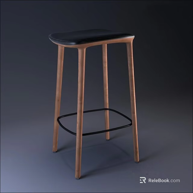 Modern Bar Stool With Wooden Legs Black Seat And Metal Footrest 3d model 