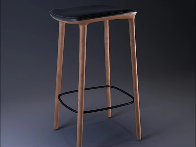 Modern Bar Stool With Wooden Legs Black Seat And Metal Footrest 3d model