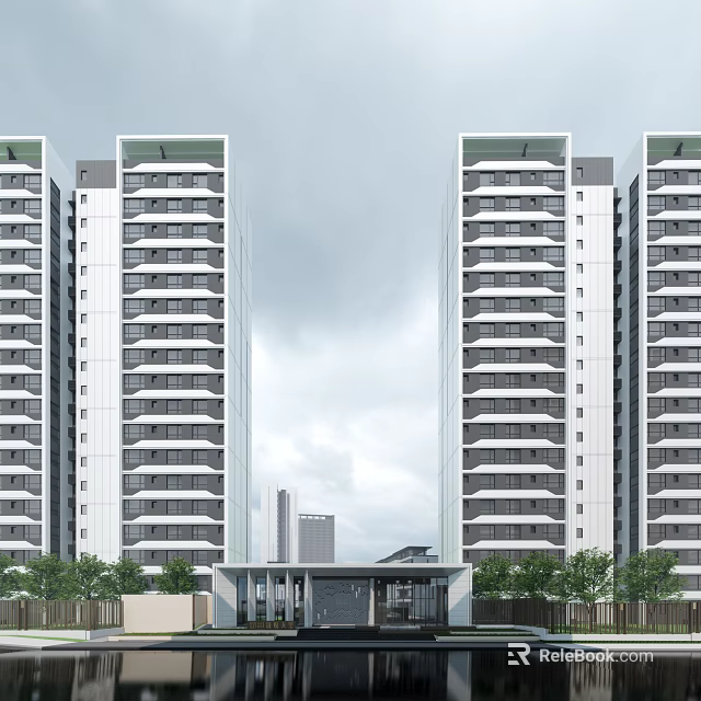 Modern Entrance Gate Between Two Tall Buildings With Trees And Architectural Exterior Design 3d model 