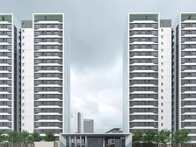 Modern Entrance Gate Between Two Tall Buildings With Trees And Architectural Exterior Design 3d model