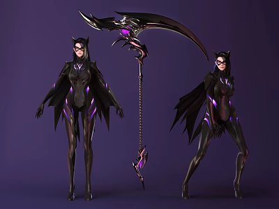 Dark Fantasy Humanoid Characters With Bat Wings Black Purple Outfits And Detailed Scythe Weapon 3d model