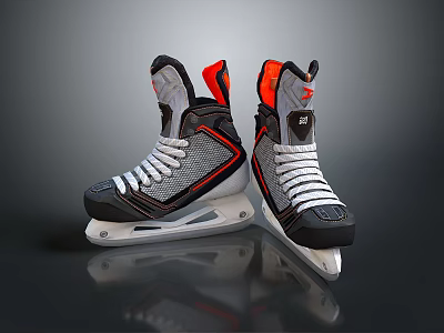 Black Gray Ice Hockey Skates With Orange Accents White Laces And Steel Blades 3d model