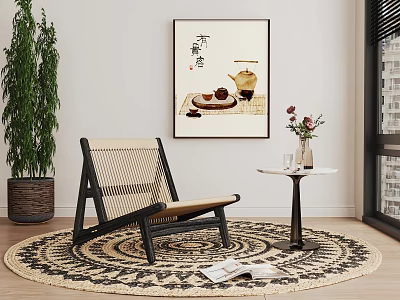 Woven Leisure Chair with Black Frame Round Rug Green Plant Wall Art and Side Table 3d model