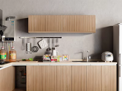 Modern Kitchen Design With Light Wood Cabinets And Hanging Utensils 3d model