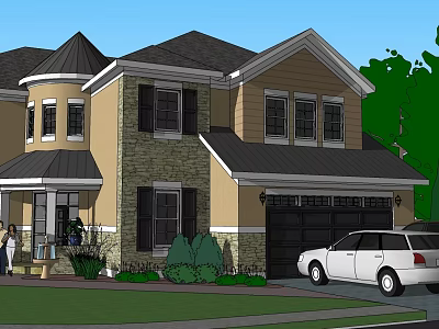 Single Family House With Two Story Design Dark Roof Stone Siding Garage And White SUV 3d model