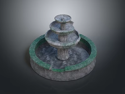 Multi Tiered Stone Fountain With Circular Base And Green Border 3d model