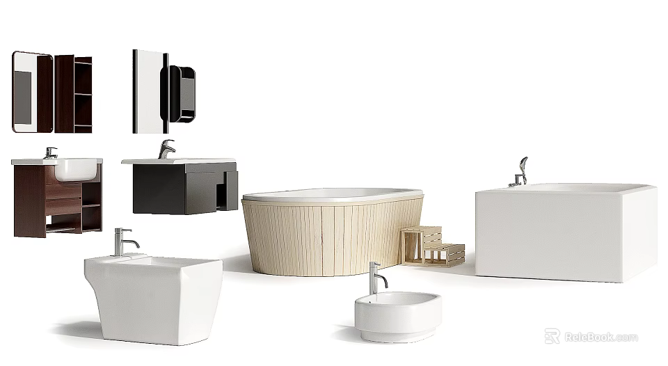 Wooden Bathtub with White Sink Mirror and Cabinet in Modern Bathroom Design 3d model 