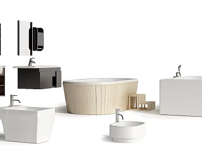 Wooden Bathtub with White Sink Mirror and Cabinet in Modern Bathroom Design 3d model
