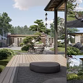Modern Garden Landscape With Stone Pathway Pine Trees And Traditional House