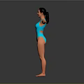 Woman In Blue One Piece Swimsuit Standing With Arms Outstretched On Gray Background