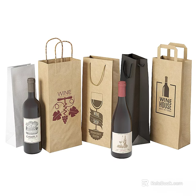 Assorted Wine Paper Bags With Grape Wine Glass Art And Wine Bottles 3d model 