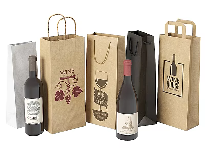 Assorted Wine Paper Bags With Grape Wine Glass Art And Wine Bottles 3d model