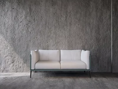 Modern White Two Seater Sofa With Metal Frame And Black Legs Against Grey Concrete Wall 3d model