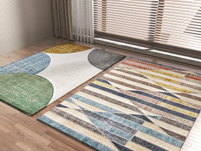 Colorful Square Rugs With Circular Patterns and Striped Design on Wooden Floor Indoor Setting 3d model