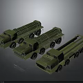 Three Green 3D Rendered Military Missile Launcher Vehicles on Gray Background