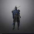 Man In Blue Armor With Cloak And Sword In Fantasy Style Standing