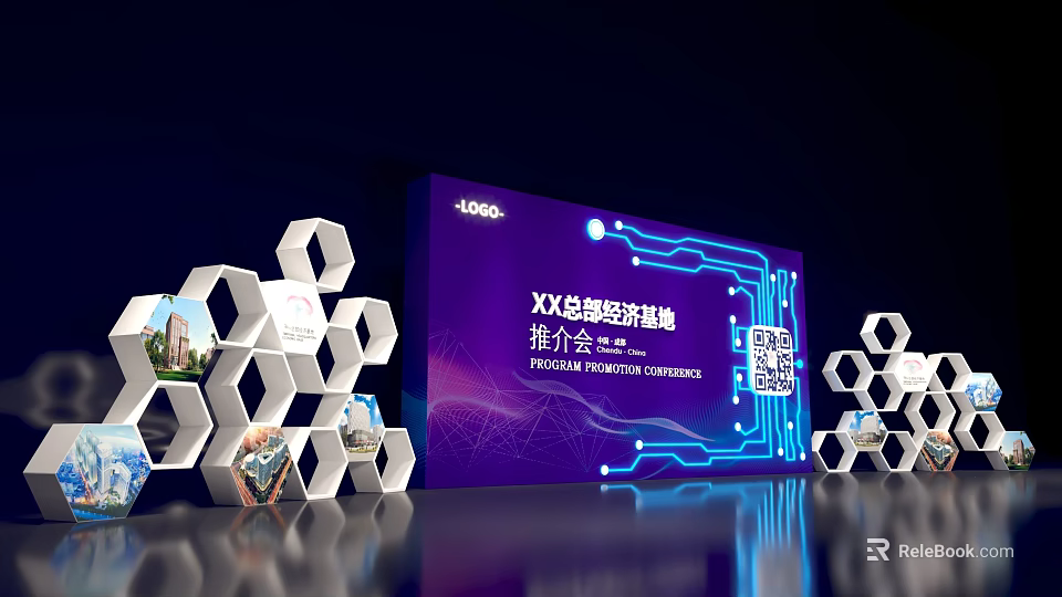 Commercial Equipment Display Board With Hexagonal Decorations Company Logo Purple Blue Lines And QR Code 3d model