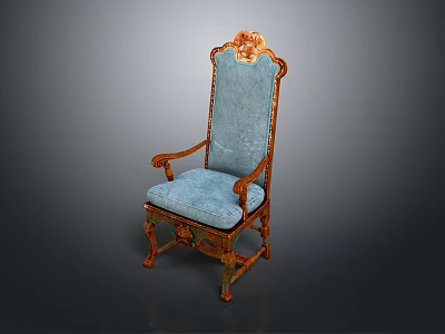 Elegant High Back Armchair With Wooden Frame Blue Upholstery And Ornate Carvings 3d model