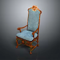 Elegant High Back Armchair With Wooden Frame Blue Upholstery And Ornate Carvings
