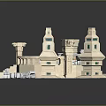 Playful Cartoon Castle Scene With Round Platform Towers Stairs And Small Decor Items