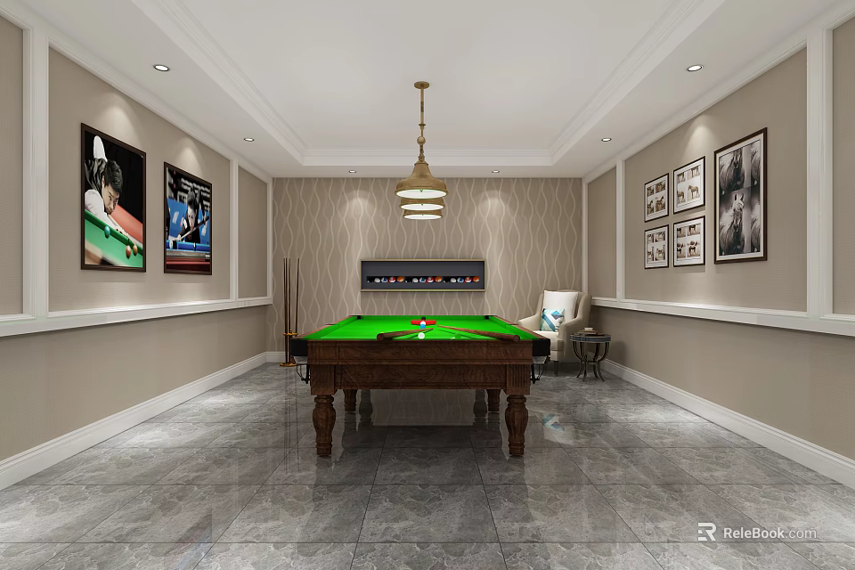 Elegant Billiard Room Interior With Green Table Hanging Pendant Light Decorative Paintings And Marble Floor 3d model 