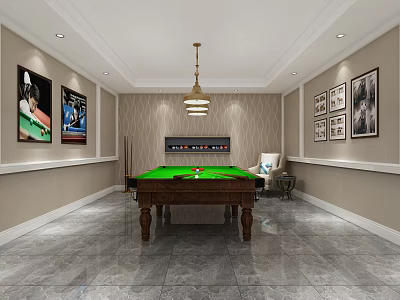 Elegant Billiard Room Interior With Green Table Hanging Pendant Light Decorative Paintings And Marble Floor 3d model