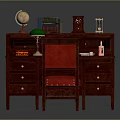 Classic Mahogany Wooden Desk With Red Upholstered Chair Globe Books And Typewriter