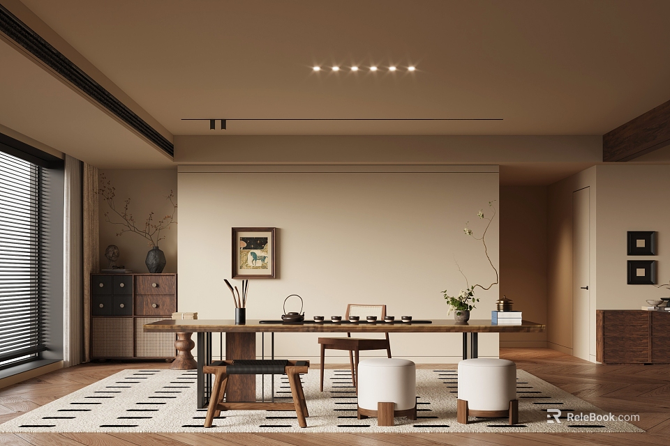 Modern Tea Room Interior With Wooden Table Tea Set Hanging Painting And Green Plants 3d model 