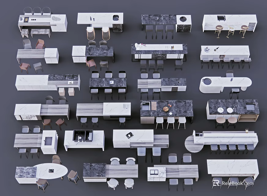 Diverse Modern Bar Counter Designs With Varied Seating Styles And Materials 3d model