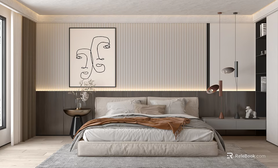 Modern Minimalist Bedroom Interior With Striped Wall Abstract Art And Pendant Lights 3d model 