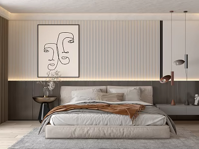 Modern Minimalist Bedroom Interior With Striped Wall Abstract Art And Pendant Lights 3d model