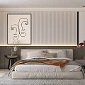 Modern Minimalist Bedroom Interior With Striped Wall Abstract Art And Pendant Lights