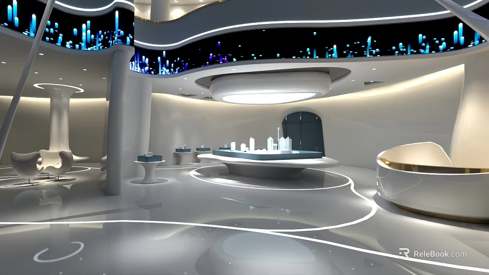 Sleek Modern Futuristic Sales Office Interior With Property Display Sand Table And Smooth LED Lighting 3d model 