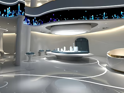 Sleek Modern Futuristic Sales Office Interior With Property Display Sand Table And Smooth LED Lighting 3d model