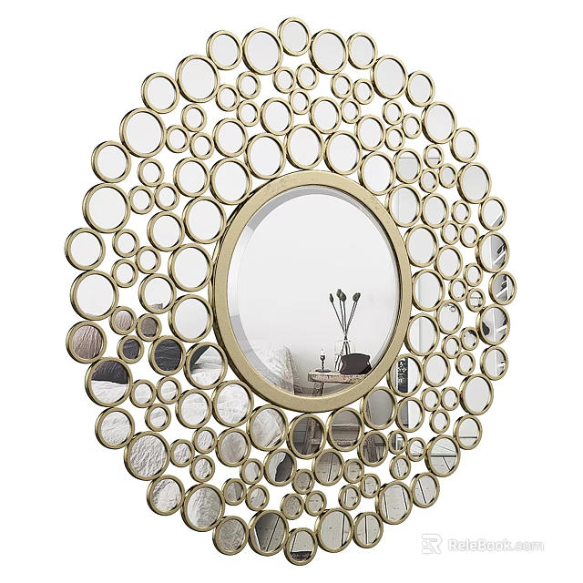 Decorative Circular Wall Mirror with Multiple Golden Rings and Interior Reflection 3d model 