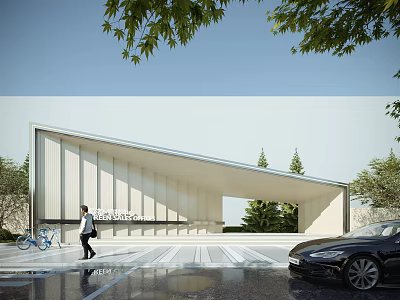 Modern Architectural Entrance Gate with Sloped Roof Design Surrounding Trees Pedestrian and Black Car 3d model