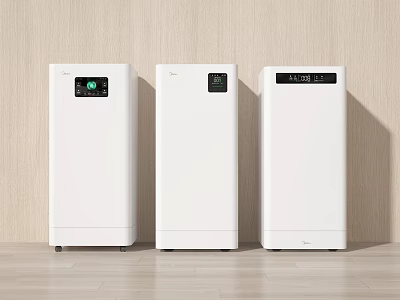 Three White Daily Air Purifiers On Wooden Floor Against Wall With Top Displays Showing Readings 3d model